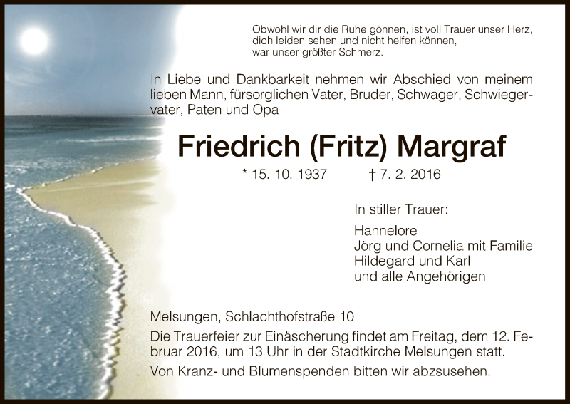  Traueranzeige für Friedrich Margraf vom 10.02.2016 aus HNA