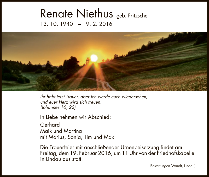  Traueranzeige für Renate Niethus vom 16.02.2016 aus HNA