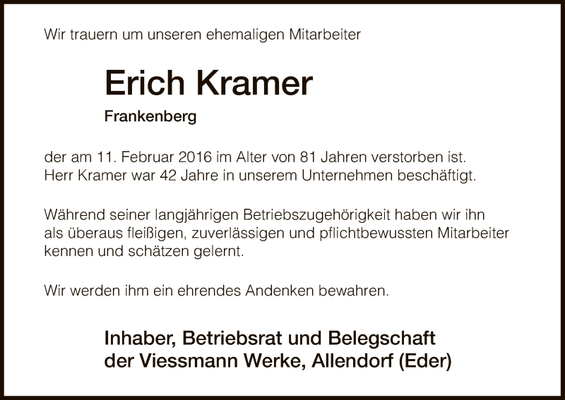  Traueranzeige für Erich Kramer vom 16.02.2016 aus HNA