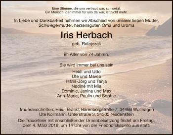 Traueranzeige von Iris Herbach von HNA