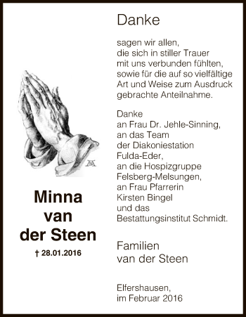 Traueranzeige von Minna van der Steen von HNA