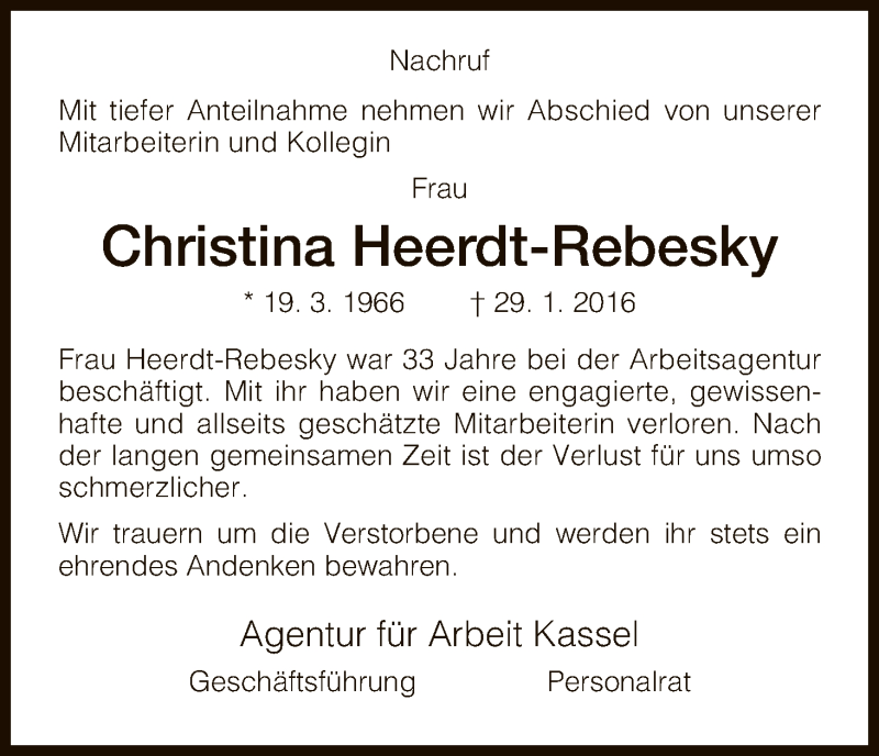  Traueranzeige für Christina (Tini) Heerdt-Rebesky vom 06.02.2016 aus HNA