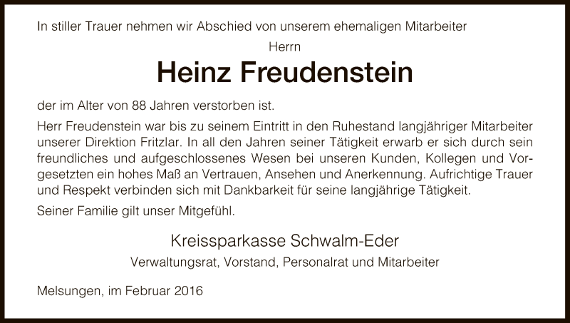  Traueranzeige für Heinz Freudenstein vom 19.02.2016 aus HNA