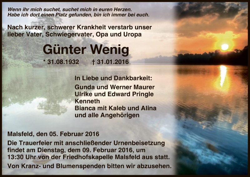  Traueranzeige für Günter Wenig vom 05.02.2016 aus HNA