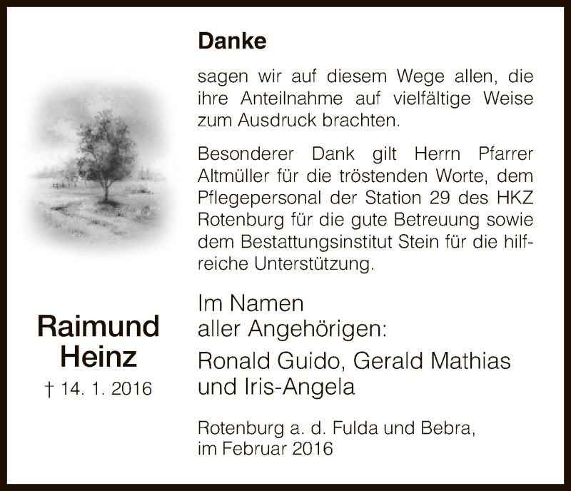  Traueranzeige für Raimund Heinz vom 13.02.2016 aus HNA