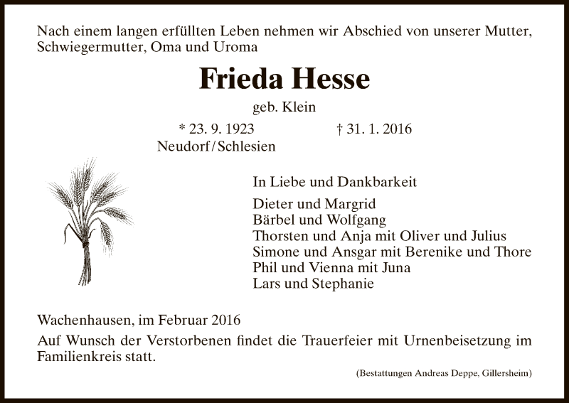  Traueranzeige für Frieda Hesse vom 03.02.2016 aus HNA