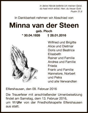 Traueranzeige von Minna van der Steen von HNA