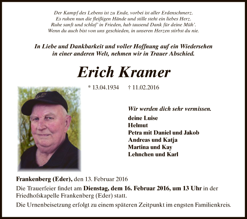  Traueranzeige für Erich Kramer vom 13.02.2016 aus HNA