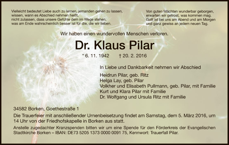  Traueranzeige für Klaus Pilar vom 29.02.2016 aus HNA
