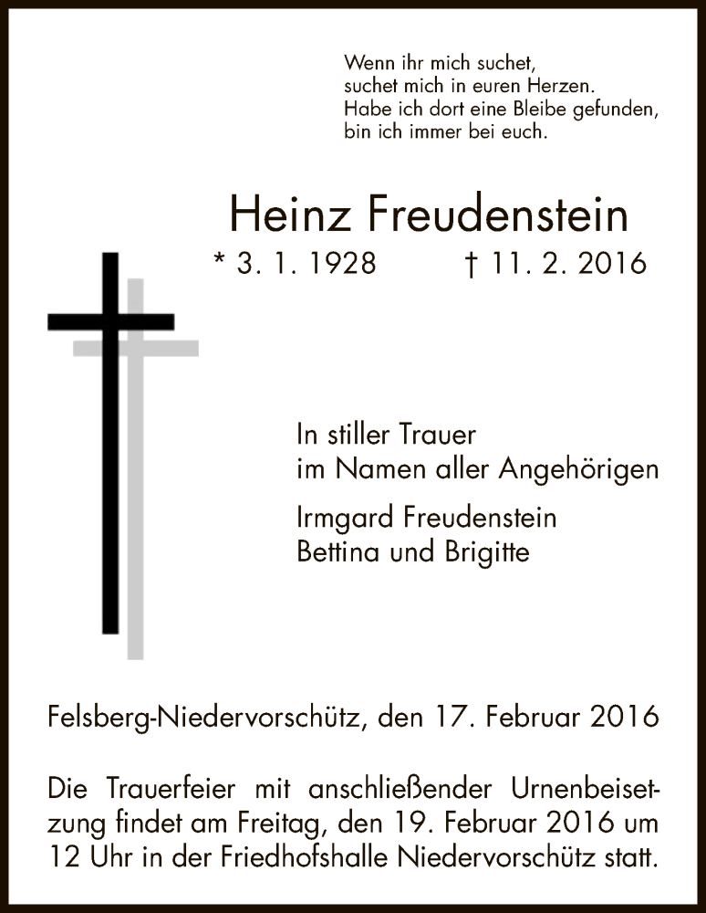  Traueranzeige für Heinz Freudenstein vom 17.02.2016 aus HNA