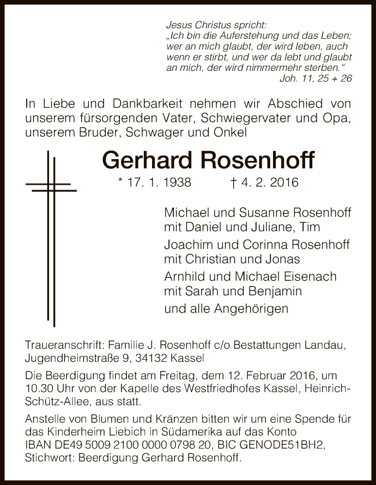 Traueranzeige für Gerhard Rosenhoff vom 10.02.2016 aus HNA
