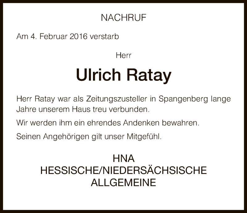  Traueranzeige für Ulrich Ratay vom 10.02.2016 aus HNA