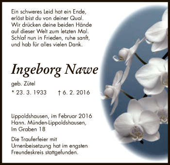 Traueranzeige von Ingeborg Nawe von HNA