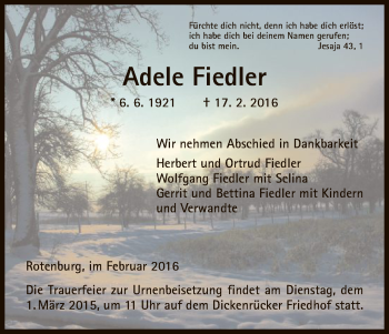 Traueranzeige von Adele Fiedler von HNA