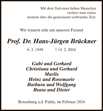 Traueranzeige von Hans-Jürgen Brückner von HNA