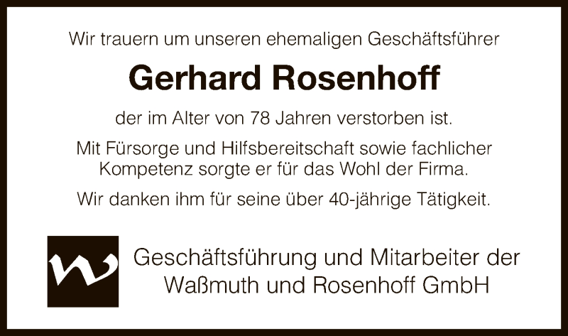  Traueranzeige für Gerhard Rosenhoff vom 10.02.2016 aus HNA