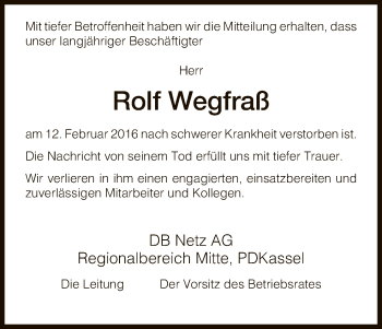 Traueranzeige von Rolf Wegfraß von HNA