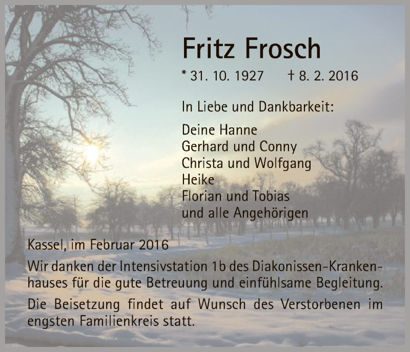  Traueranzeige für Fritz Frosch vom 13.02.2016 aus HNA