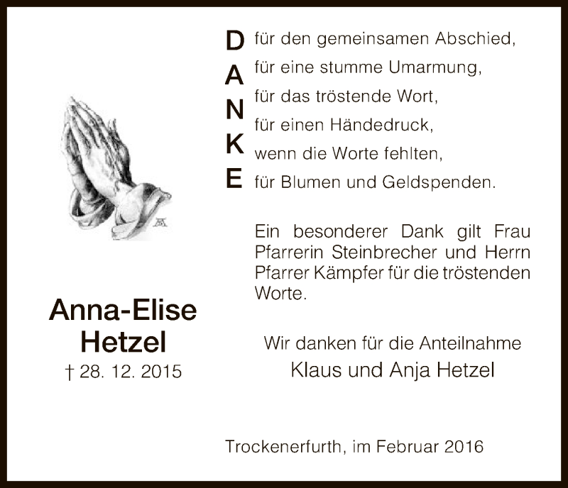  Traueranzeige für Anna-Elise Hetzel vom 06.02.2016 aus HNA
