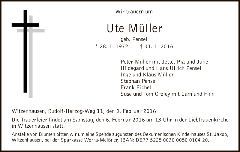  Traueranzeige für Ute Müller vom 03.02.2016 aus HNA