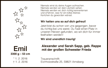 Traueranzeige von Emil Sapp von HNA