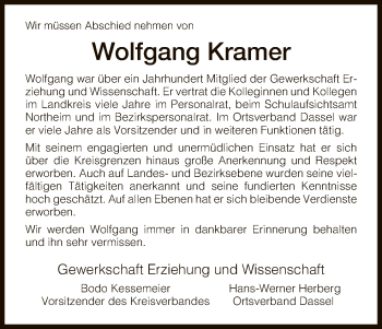 Traueranzeige von Wolfgang Kramer von HNA