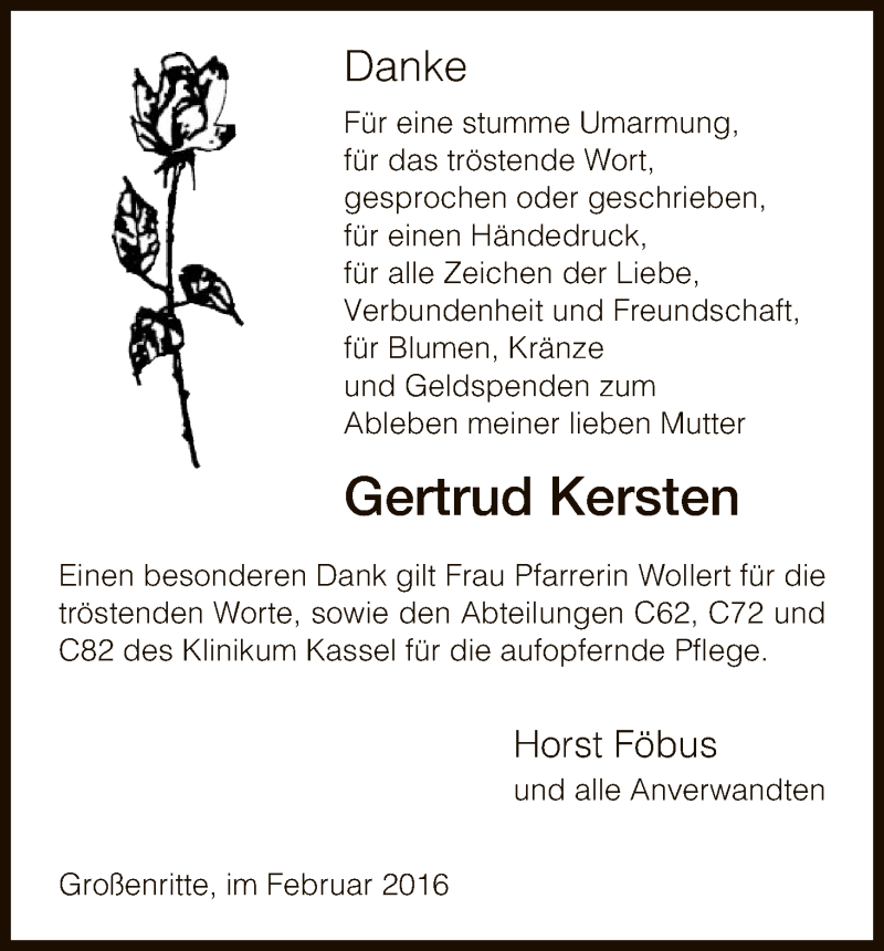 Traueranzeige für Gertrud Kersten vom 20.02.2016 aus HNA