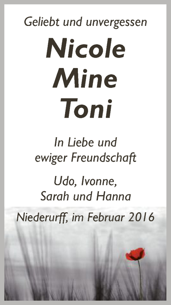  Traueranzeige für Nicole Mine und Toni vom 27.02.2016 aus HNA