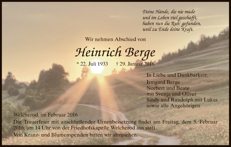  Traueranzeige für Heinrich Berge vom 03.02.2016 aus HNA