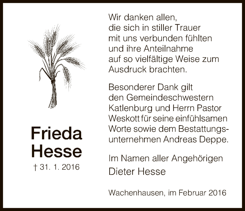  Traueranzeige für Frieda Hesse vom 27.02.2016 aus HNA