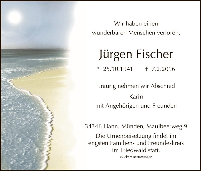  Traueranzeige für Jürgen Fischer vom 11.02.2016 aus HNA