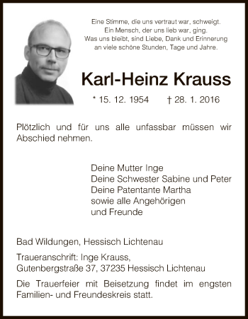 Traueranzeige von Karl-Heinz Krauss von HNA