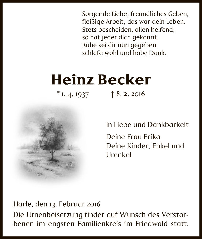 Traueranzeige für Heinz Becker vom 13.02.2016 aus HNA