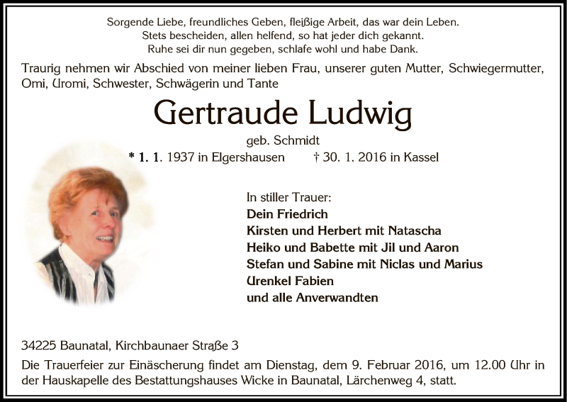  Traueranzeige für Gertraude Ludwig vom 03.02.2016 aus HNA