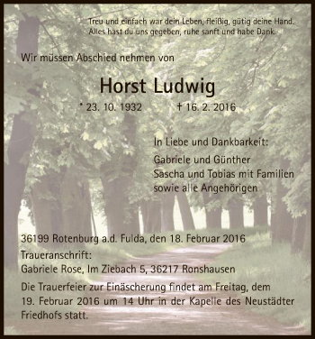 Traueranzeige von Horst Ludwig von HNA