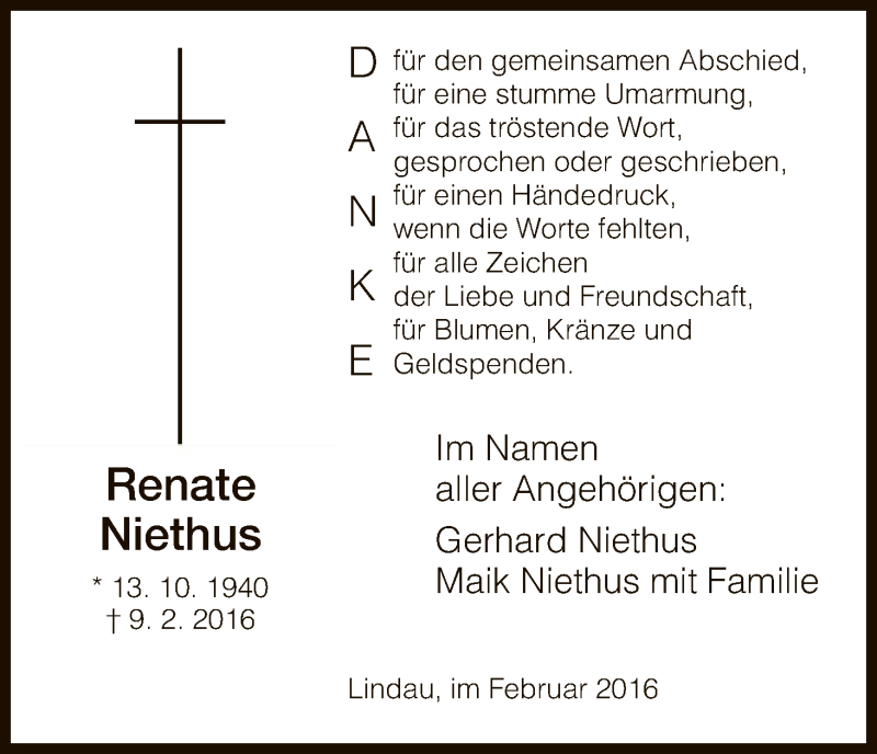  Traueranzeige für Renate Niethus vom 27.02.2016 aus HNA