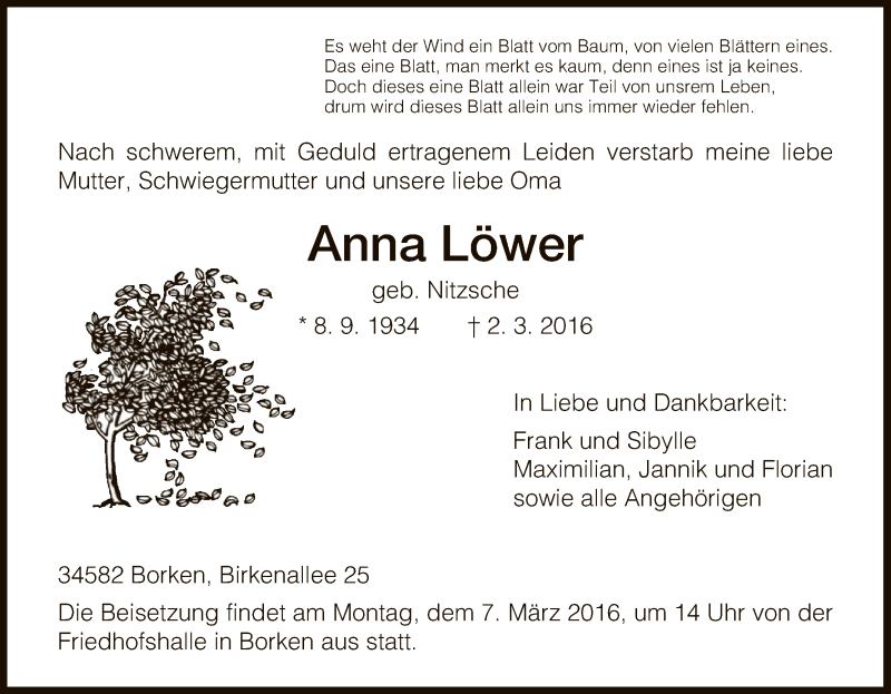  Traueranzeige für Anna Löwer vom 04.03.2016 aus HNA