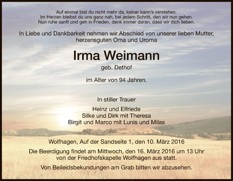  Traueranzeige für Irma Weimann vom 12.03.2016 aus HNA
