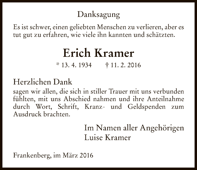  Traueranzeige für Erich Kramer vom 12.03.2016 aus HNA