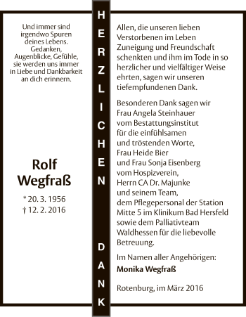 Traueranzeige von Rolf Wegfraß von HNA