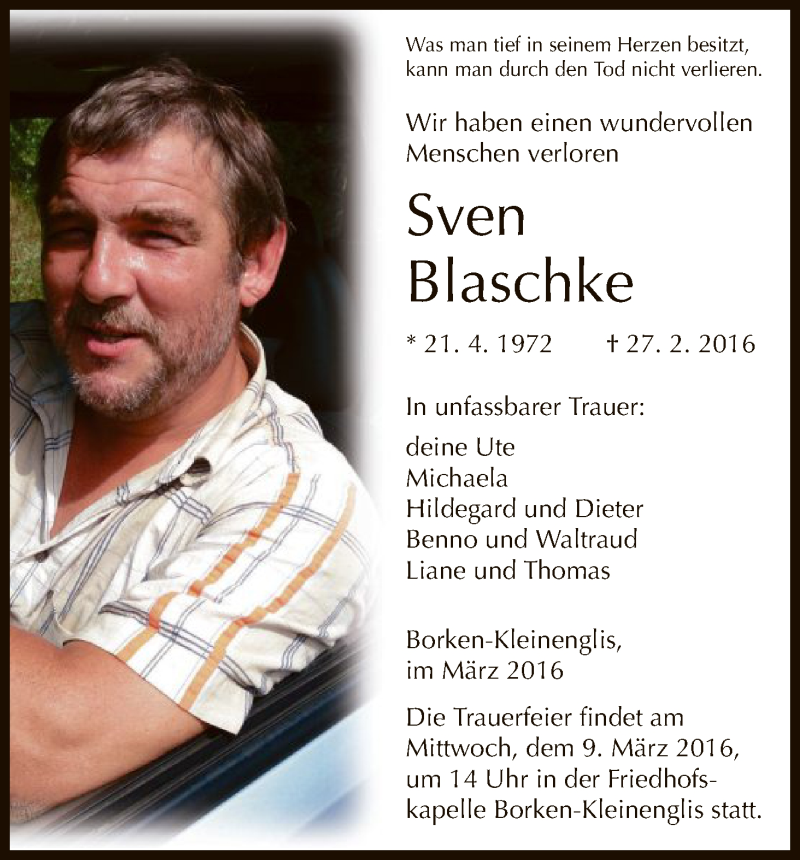  Traueranzeige für Sven Blaschke vom 05.03.2016 aus HNA