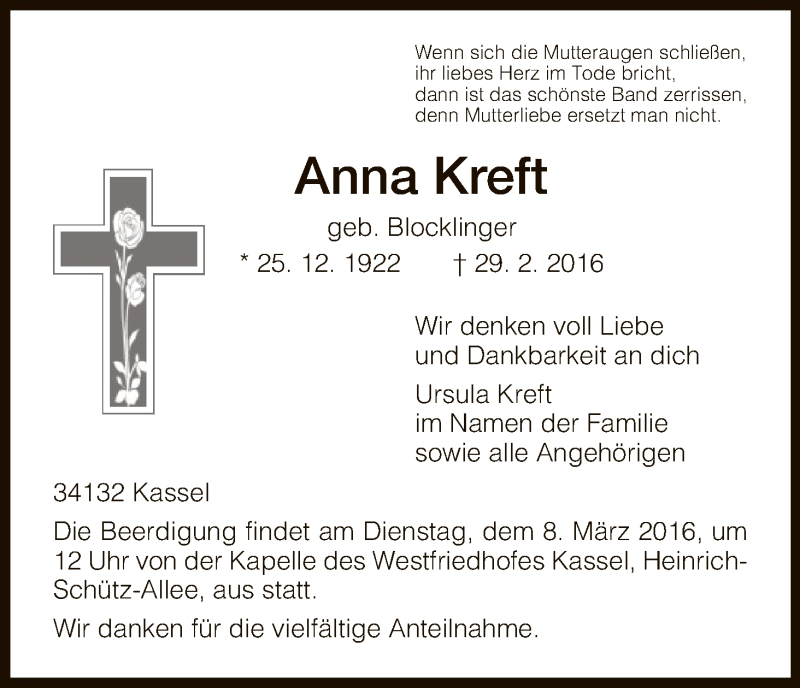  Traueranzeige für Anna Kreft vom 05.03.2016 aus HNA