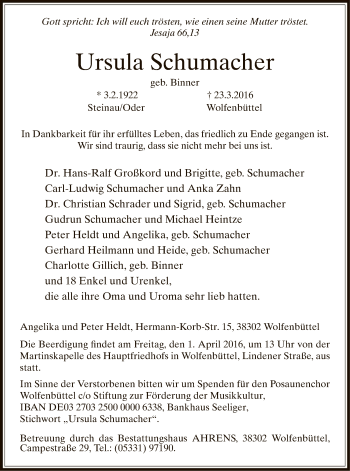 Traueranzeige von Ursula Schumacher von HNA