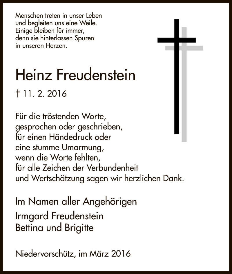  Traueranzeige für Heinz Freudenstein vom 05.03.2016 aus HNA