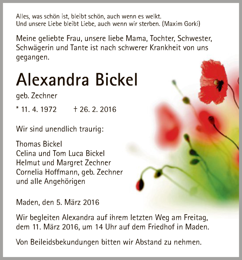  Traueranzeige für Alexandra Bickel vom 05.03.2016 aus HNA