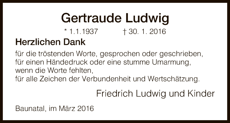  Traueranzeige für Gertraude Ludwig vom 26.03.2016 aus HNA