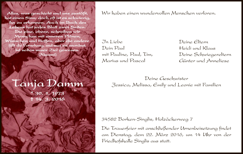  Traueranzeige für Tanja Damm vom 18.03.2016 aus HNA