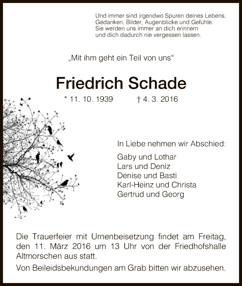  Traueranzeige für Friedrich Schade vom 08.03.2016 aus HNA