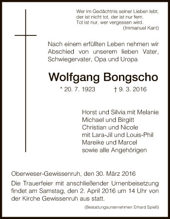 Traueranzeige von Wolfgang Bongscho von HNA