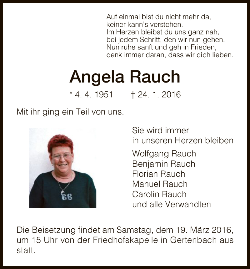  Traueranzeige für Angela Rauch vom 12.03.2016 aus HNA